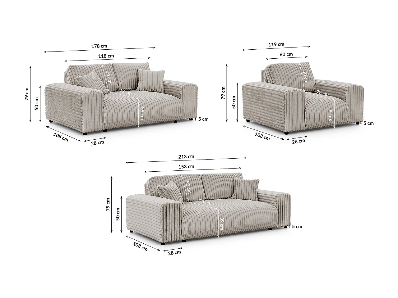 Ensemble de canapés 3+2+1 (3 places, 2 places et fauteuil) 3+2+1 en velours côtelé pelucheux gris clair MOLLIS