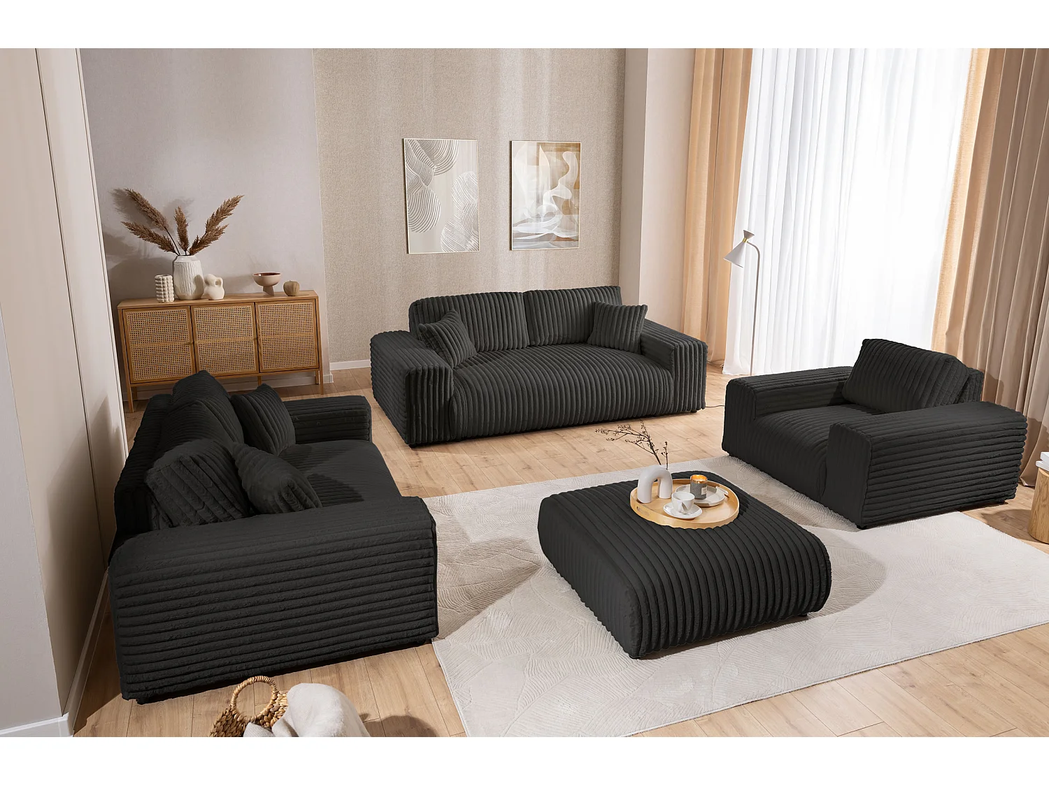 Ensemble de canapés 3+2+1 (3 places, 2 places et fauteuil) 3+2+1 en velours côtelé pelucheux gris foncé MOLLIS