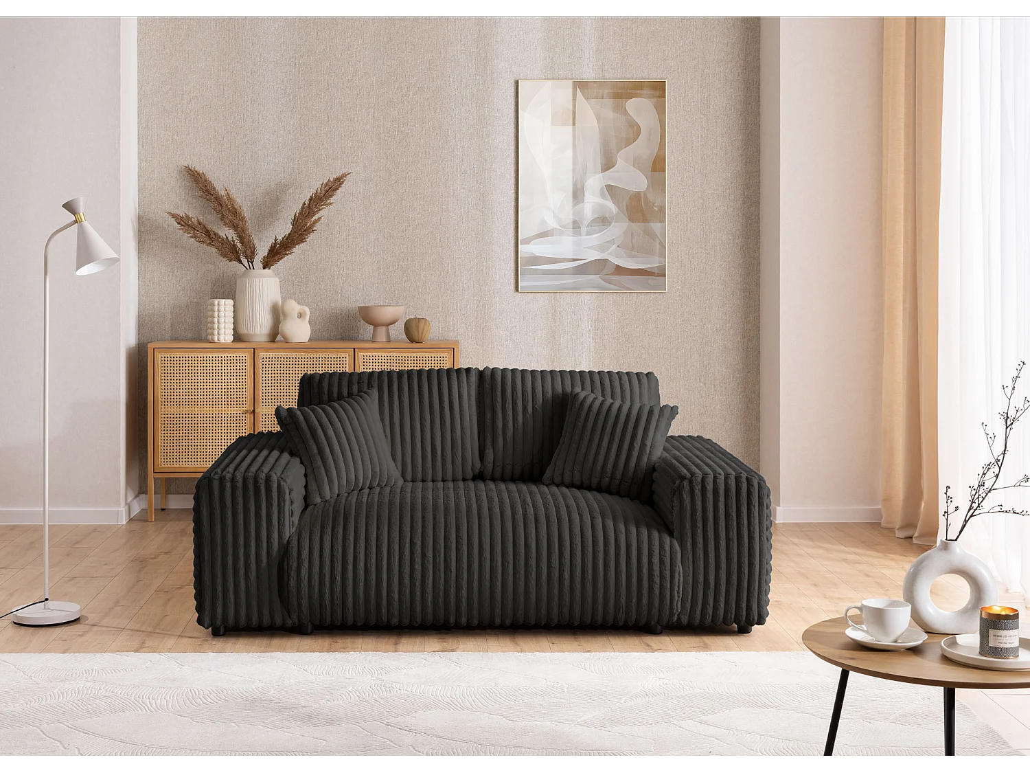 Ensemble de canapés 3+2+1 (3 places, 2 places et fauteuil) 3+2+1 en velours côtelé pelucheux gris foncé MOLLIS