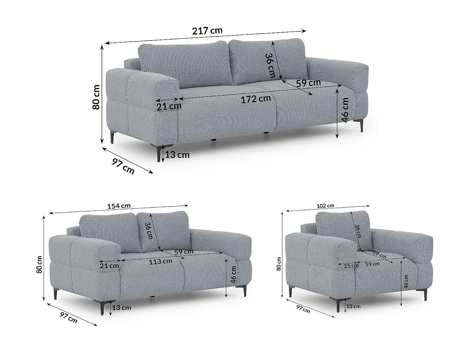 Ensemble de canapés 3+2+1 (3 places, 2 places et fauteuil) au design bubble en tissu texturé doux de couleur gris CARDEA