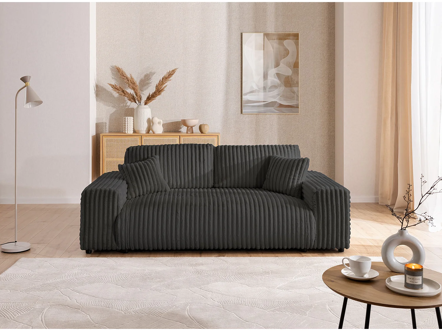 Ensemble de canapés 3+1 (3 places et fauteuil) 3+2+1 en velours côtelé pelucheux gris foncé MOLLIS