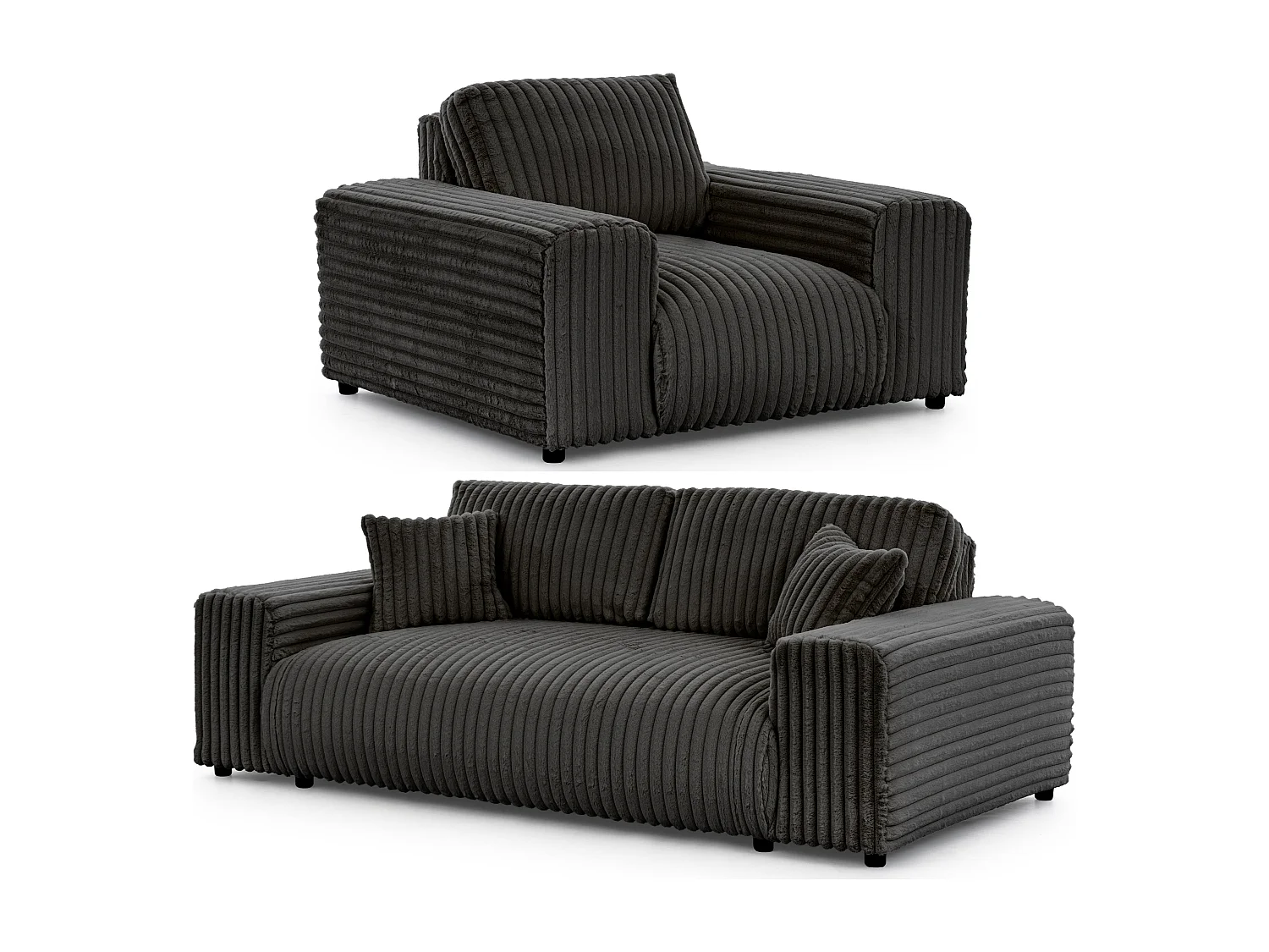 Ensemble de canapés 3+1 (3 places et fauteuil) 3+2+1 en velours côtelé pelucheux gris foncé MOLLIS