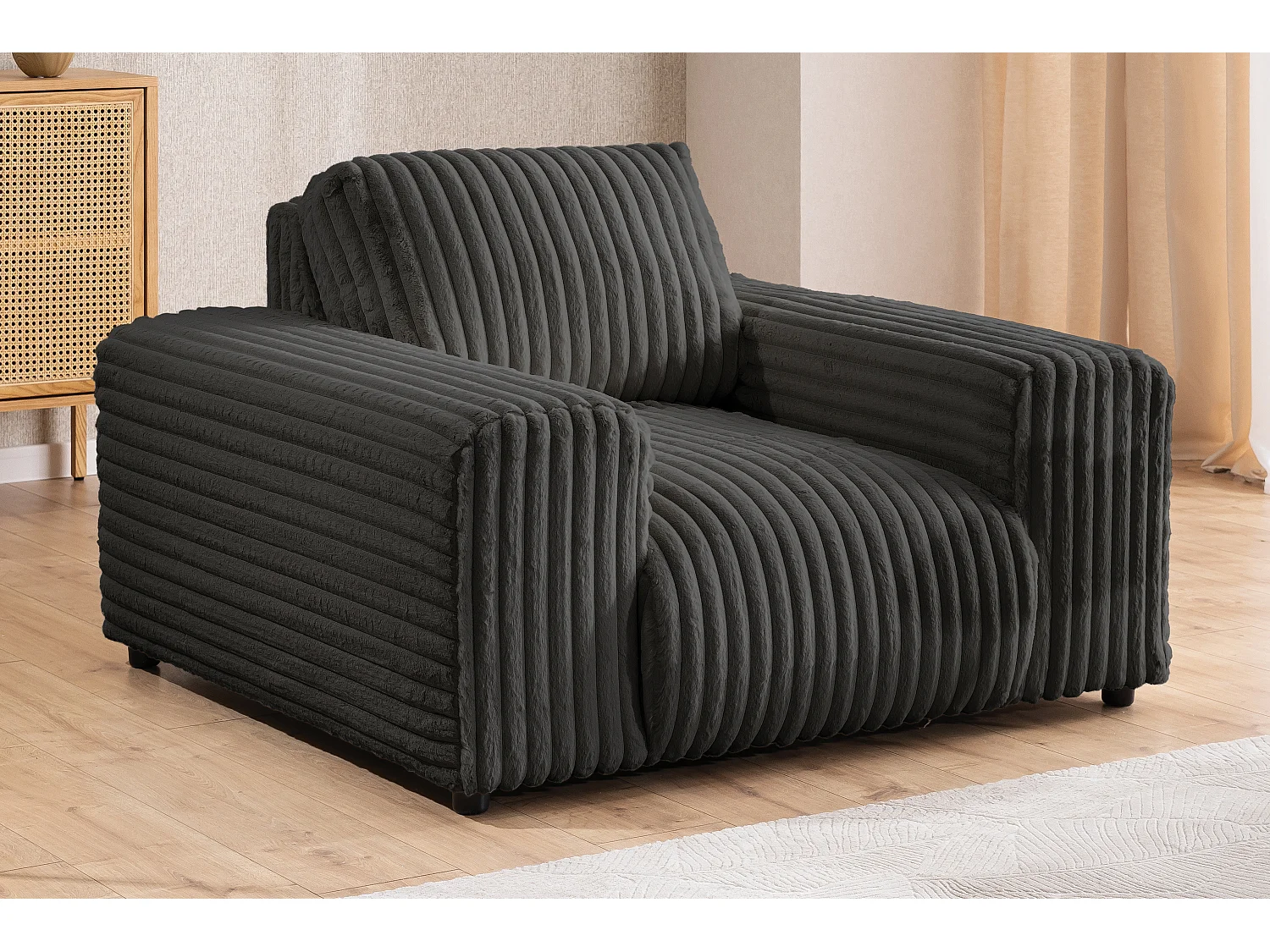 Ensemble de canapés 3+1 (3 places et fauteuil) 3+2+1 en velours côtelé pelucheux gris foncé MOLLIS