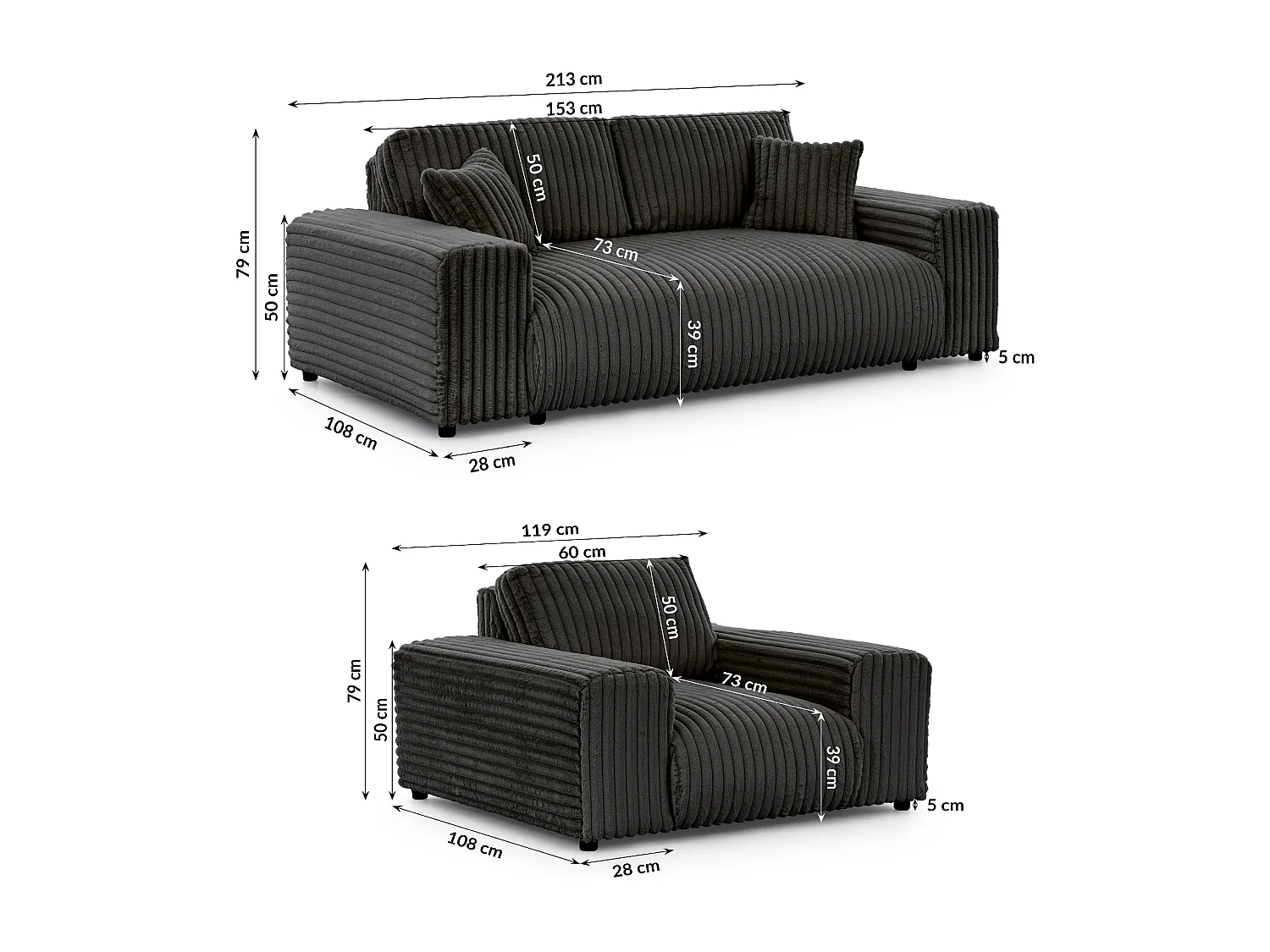 Ensemble de canapés 3+1 (3 places et fauteuil) 3+2+1 en velours côtelé pelucheux gris foncé MOLLIS