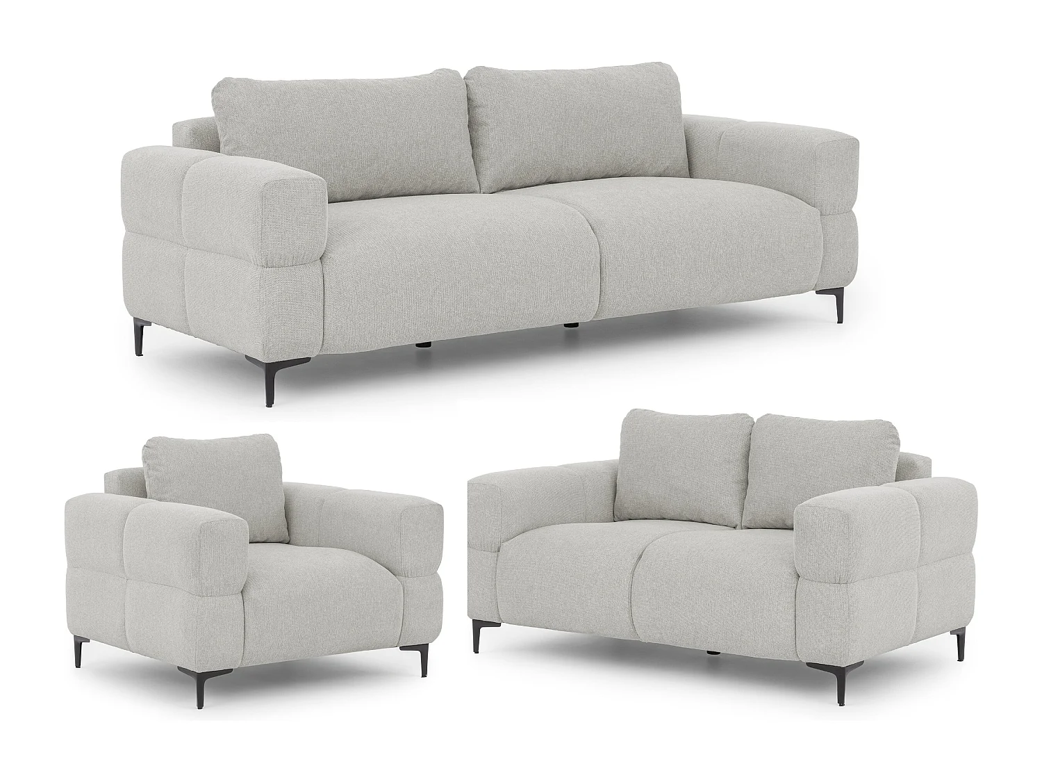 Ensemble de canapés 3+2+1 (3 places, 2 places et fauteuil) au design bubble en tissu texturé doux de couleur gris clair CARDEA