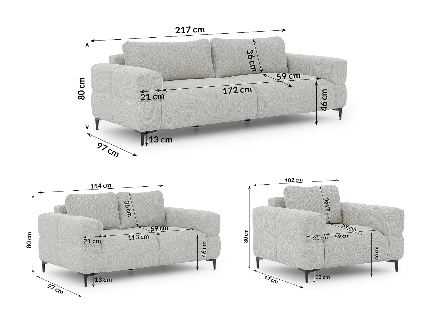 Ensemble de canapés 3+2+1 (3 places, 2 places et fauteuil) au design bubble en tissu texturé doux de couleur gris clair CARDEA