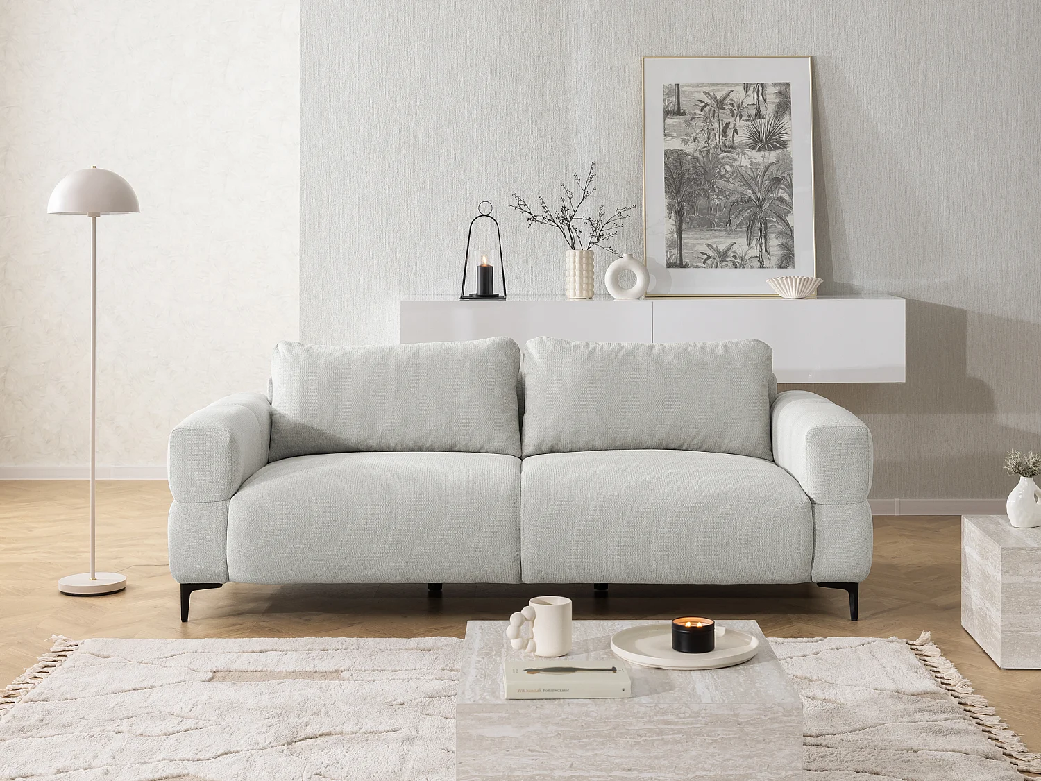 Ensemble de canapés 3+1 (3 places et fauteuil) au design bubble en tissu texturé doux de couleur gris clair CARDEA