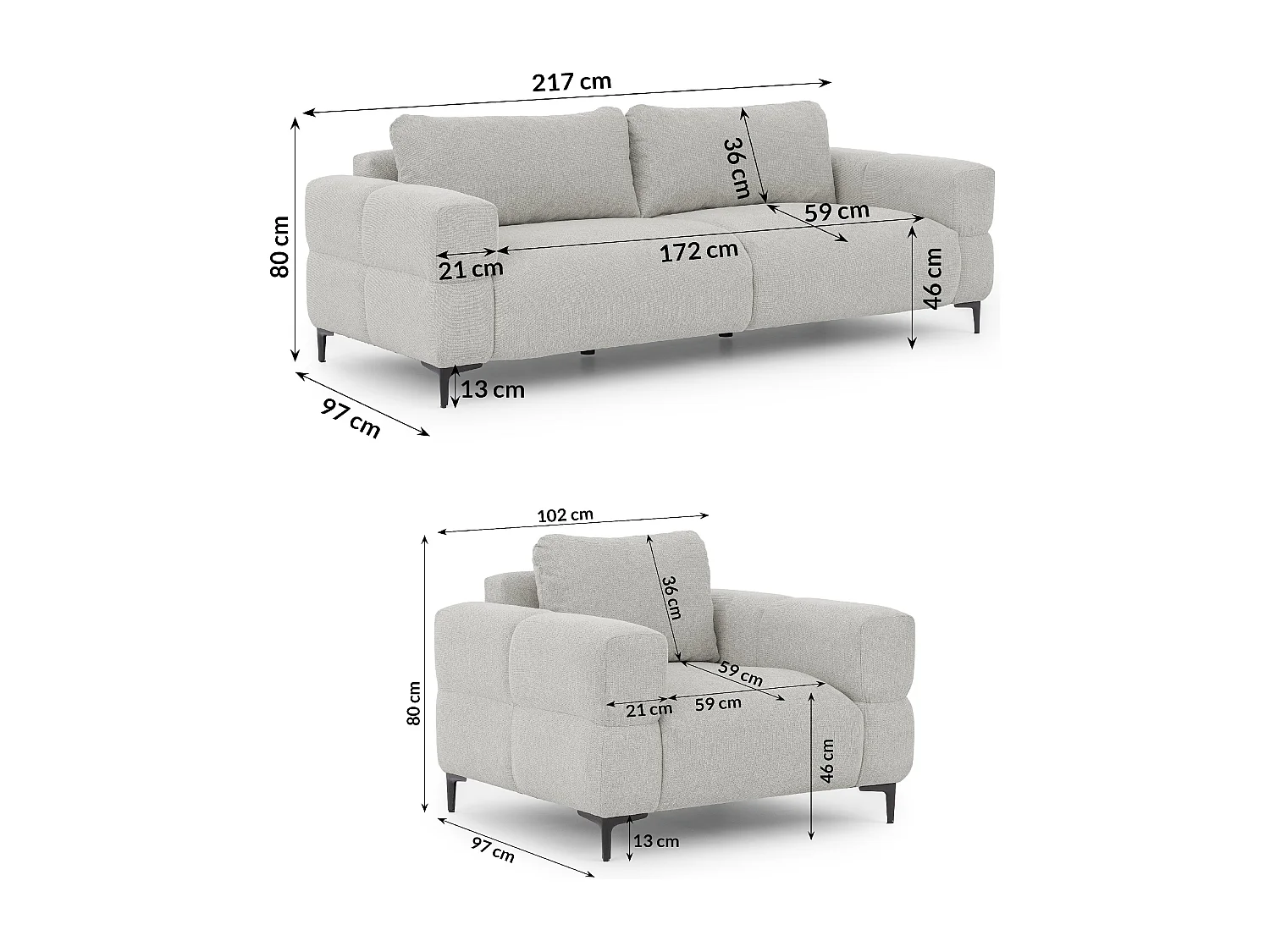 Ensemble de canapés 3+1 (3 places et fauteuil) au design bubble en tissu texturé doux de couleur gris clair CARDEA