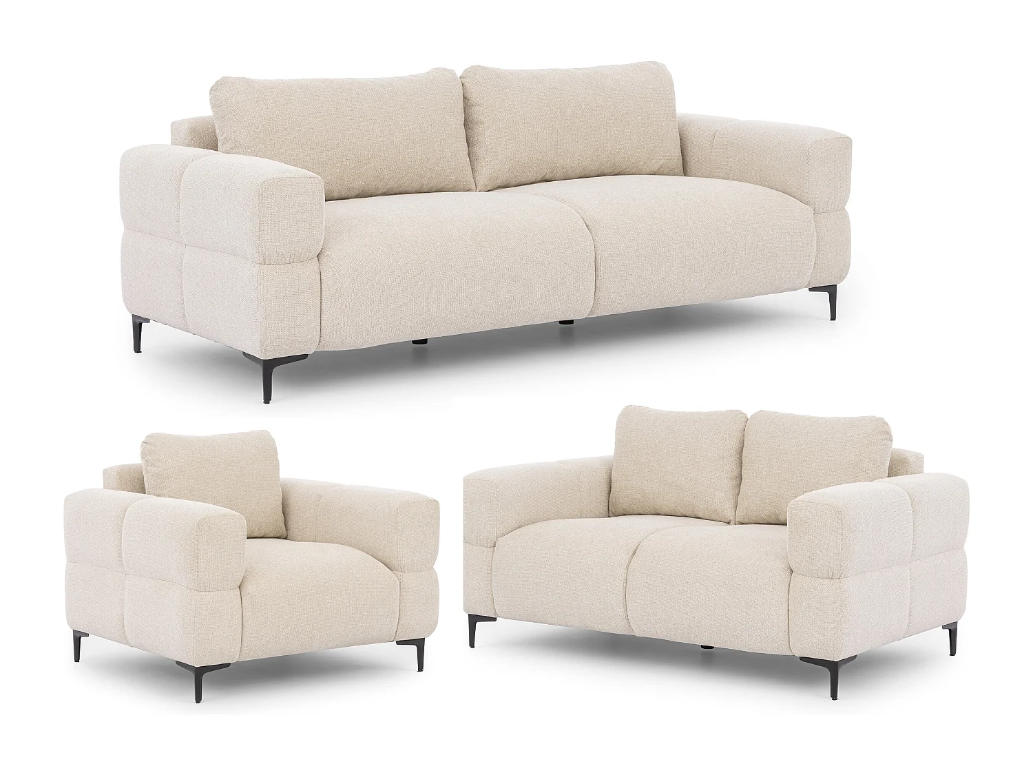 Ensemble de canapés 3+2+1 (3 places, 2 places et fauteuil) au design bubble en tissu texturé doux de couleur beige clair CARDEA