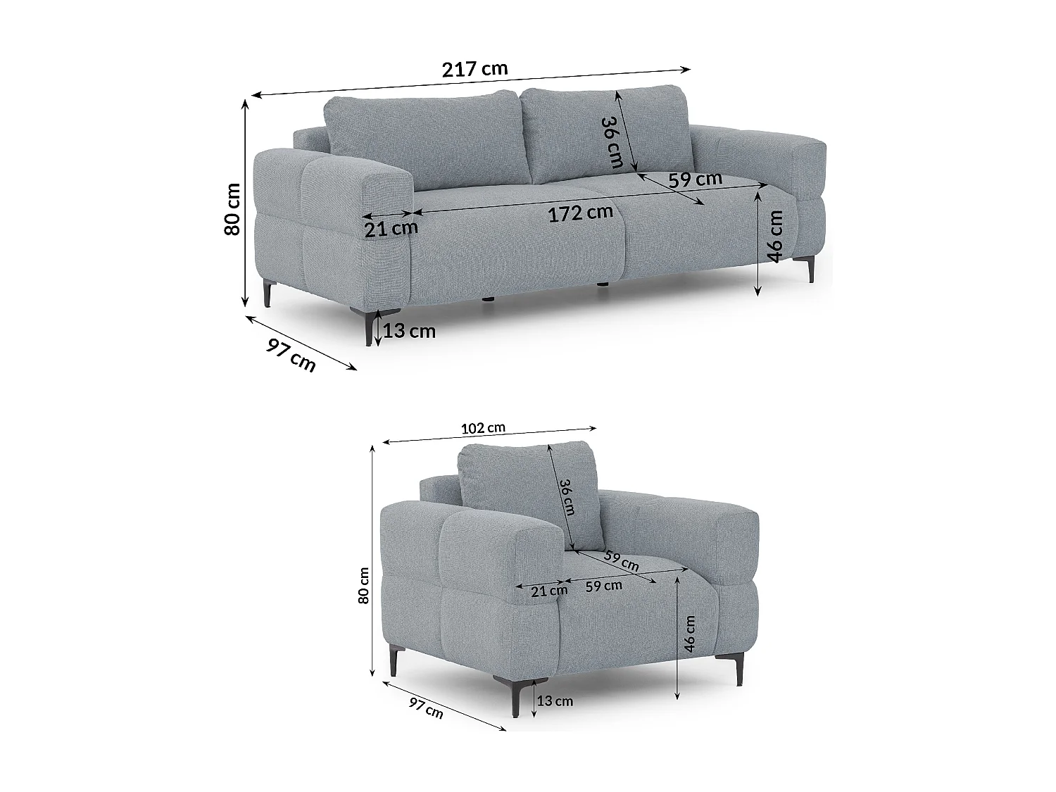 Ensemble de canapés 3+1 (3 places et fauteuil) au design bubble en tissu texturé doux de couleur gris CARDEA