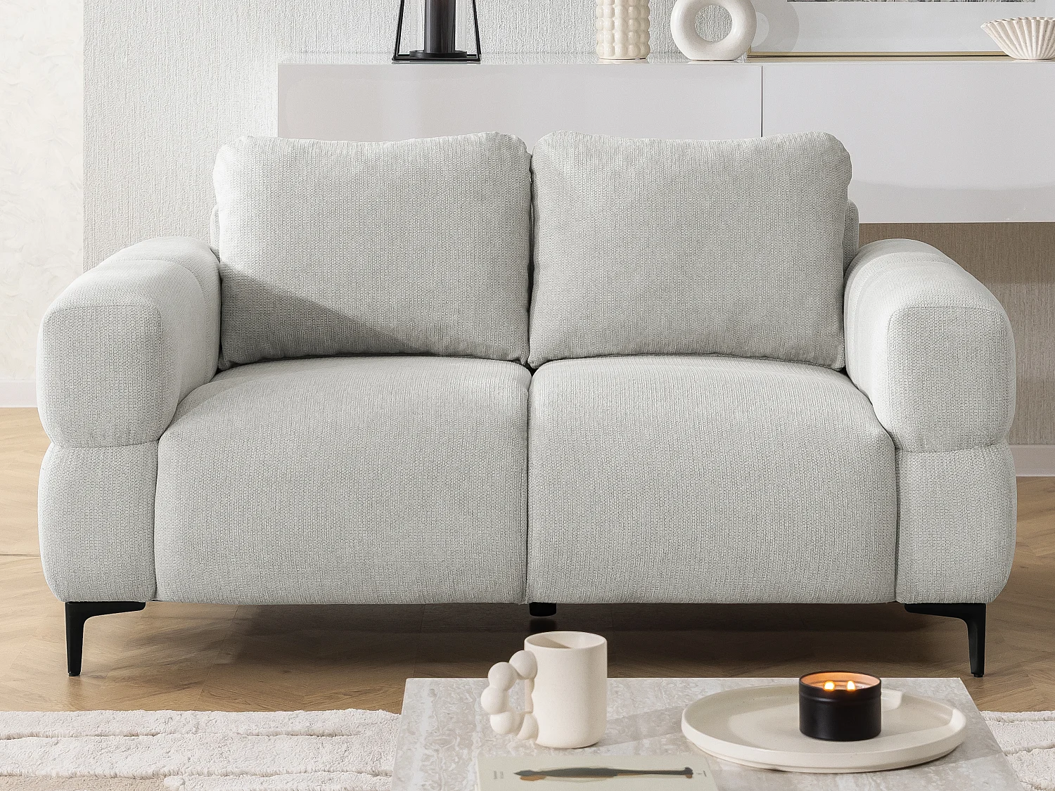 Ensemble de canapés 2+1 (2 places et fauteuil) au design bubble en tissu texturé doux de couleur gris clair CARDEA