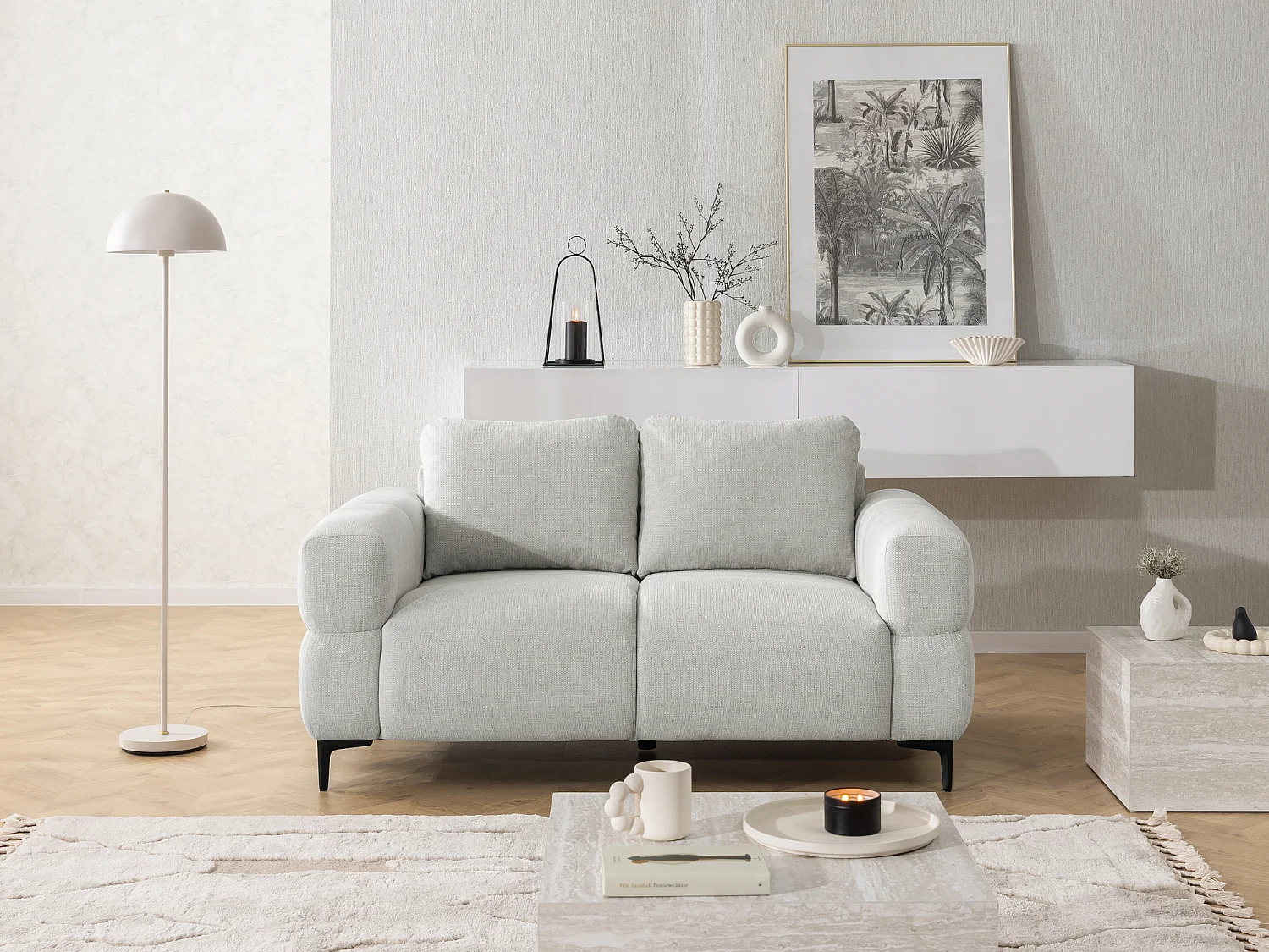 Ensemble de canapés 2+1 (2 places et fauteuil) au design bubble en tissu texturé doux de couleur gris clair CARDEA