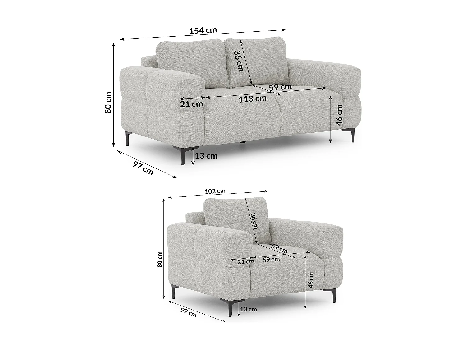 Ensemble de canapés 2+1 (2 places et fauteuil) au design bubble en tissu texturé doux de couleur gris clair CARDEA