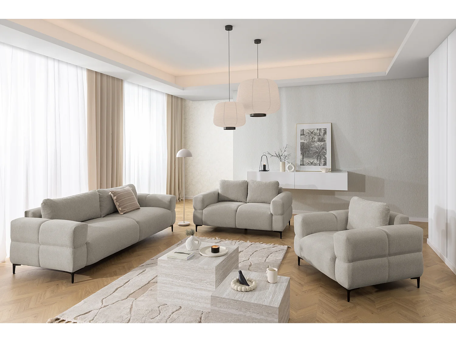 Ensemble de canapés 3+2+1 (3 places, 2 places et fauteuil) au design bubble en tissu texturé doux de couleur taupe CARDEA