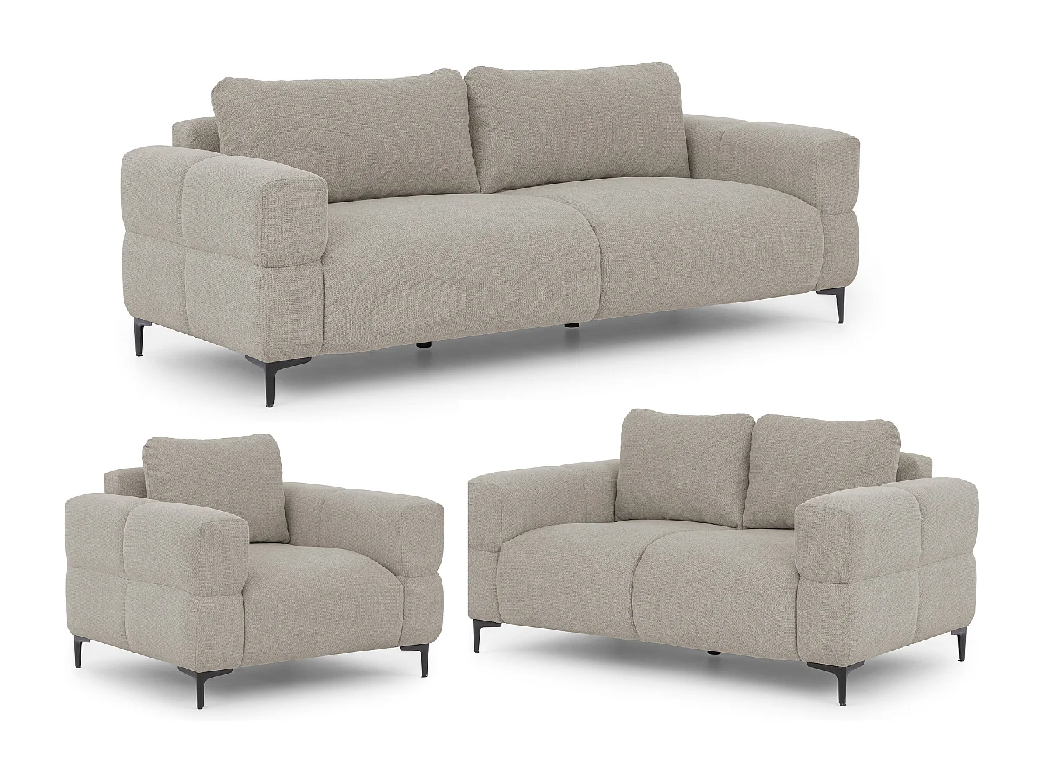 Ensemble de canapés 3+2+1 (3 places, 2 places et fauteuil) au design bubble en tissu texturé doux de couleur taupe CARDEA