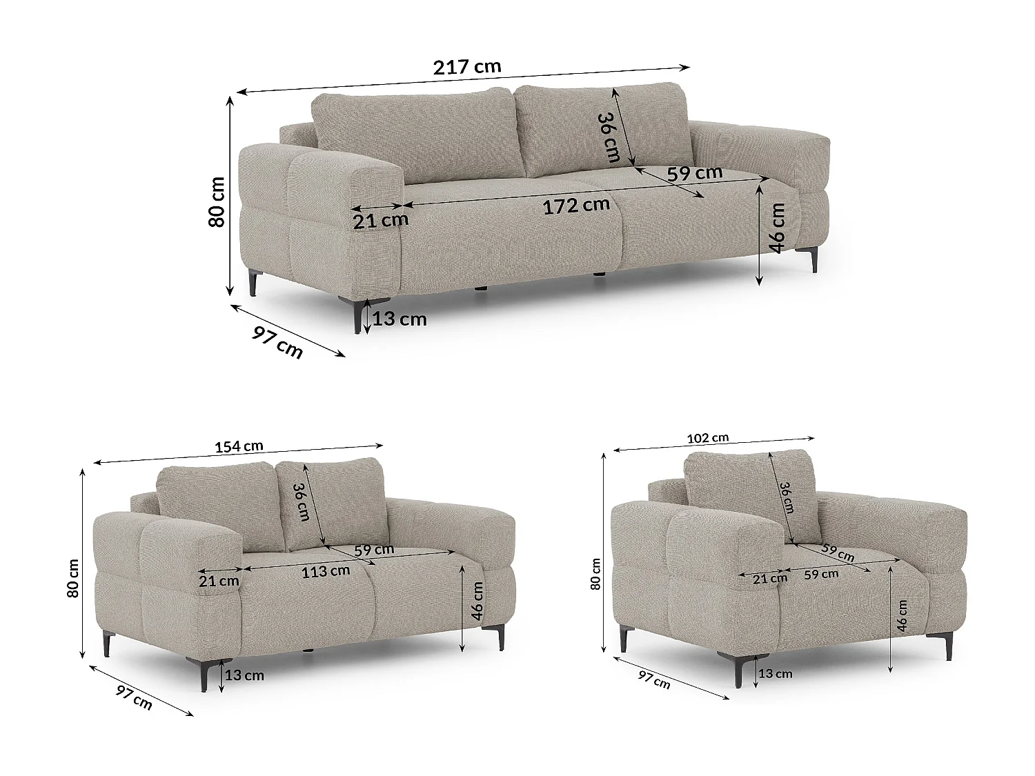 Ensemble de canapés 3+2+1 (3 places, 2 places et fauteuil) au design bubble en tissu texturé doux de couleur taupe CARDEA