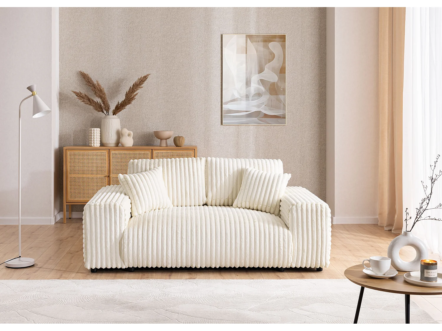 Ensemble de canapés 2+1 (2 places et fauteuil) 2+1 en velours côtelé pelucheux beige clair MOLLIS