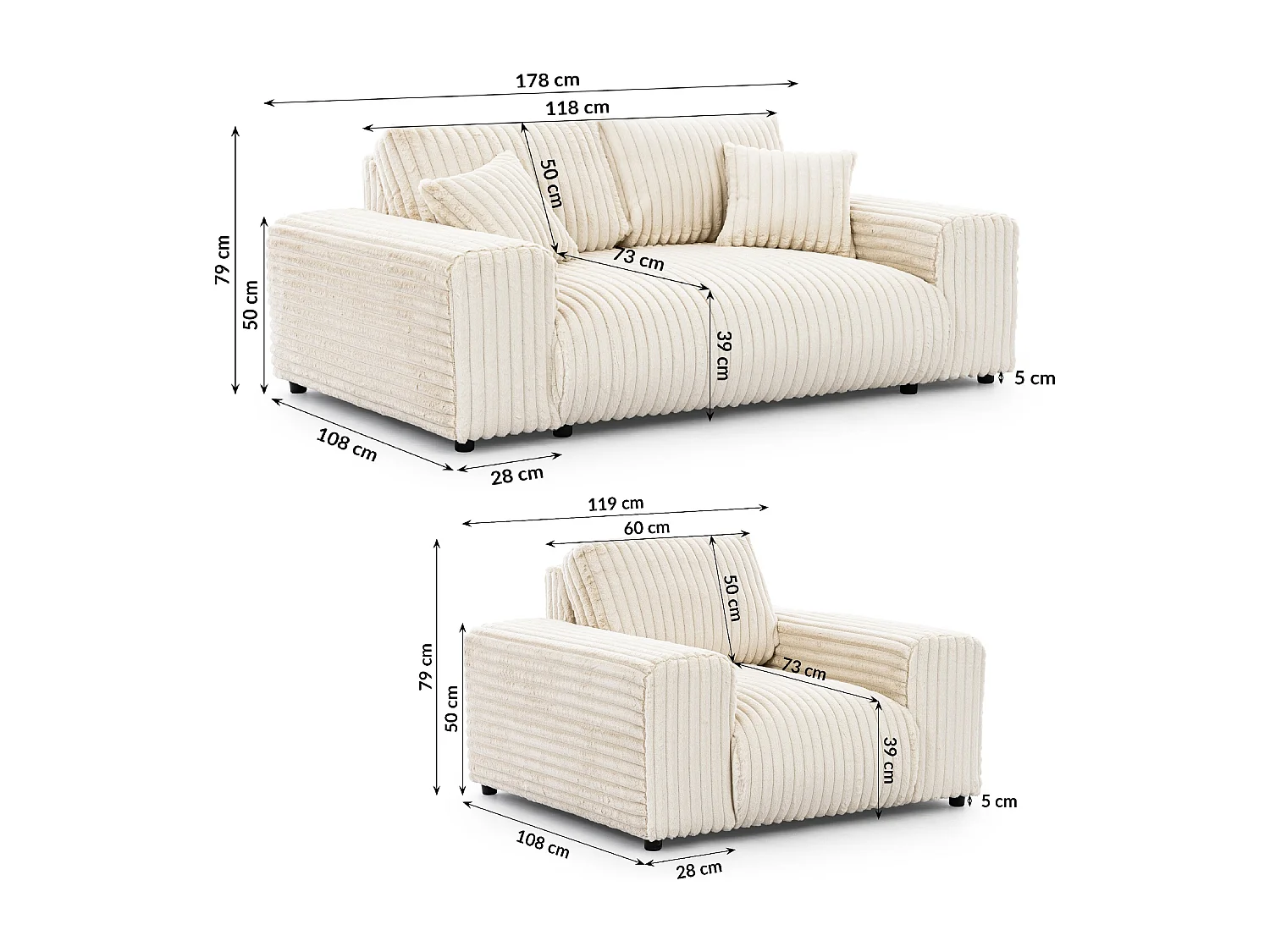 Ensemble de canapés 2+1 (2 places et fauteuil) 2+1 en velours côtelé pelucheux beige clair MOLLIS