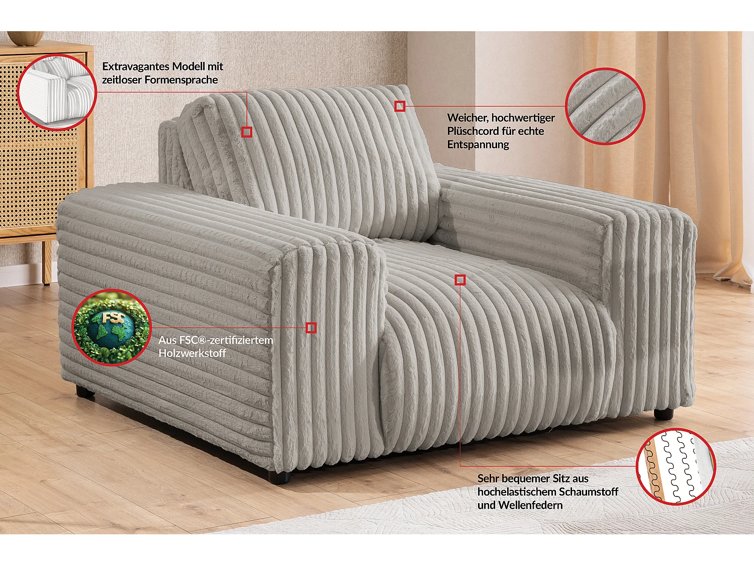 Fauteuil en velours côtelé pelucheux gris clair offrant un agréable confort d’assise MOLLIS