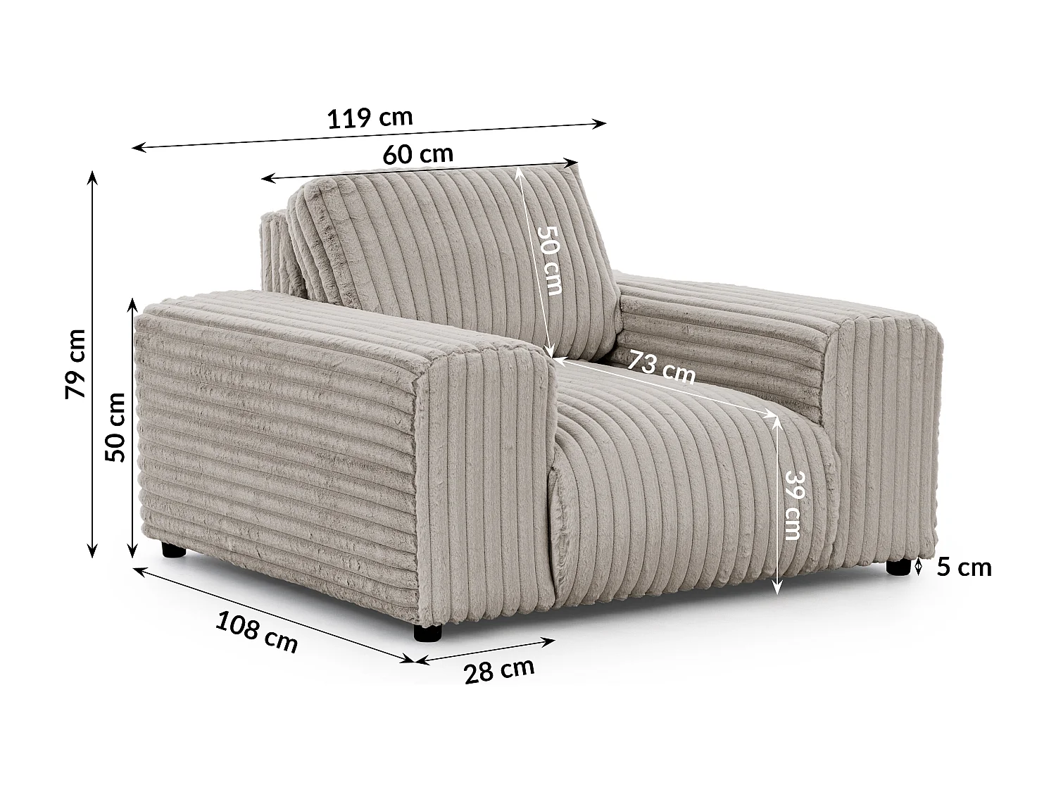 Fauteuil en velours côtelé pelucheux gris clair offrant un agréable confort d’assise MOLLIS