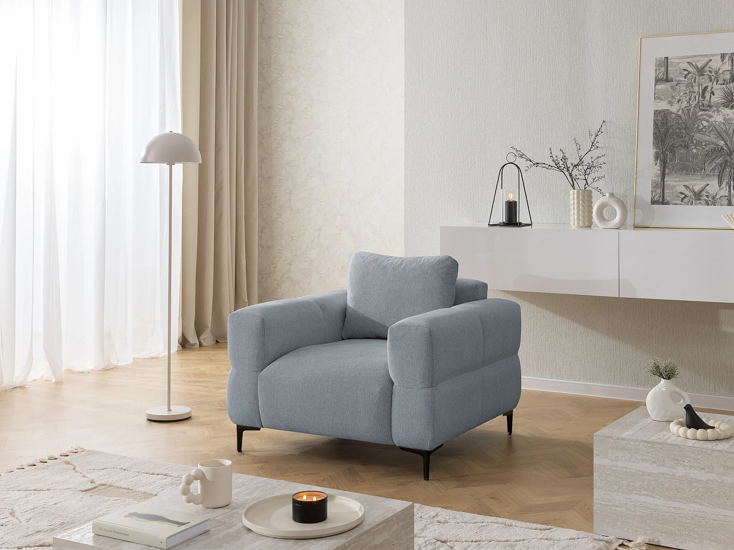 Fauteuil au design bubble en tissu texturé doux de couleur gris, offrant un grand confort d’assise CARDEA