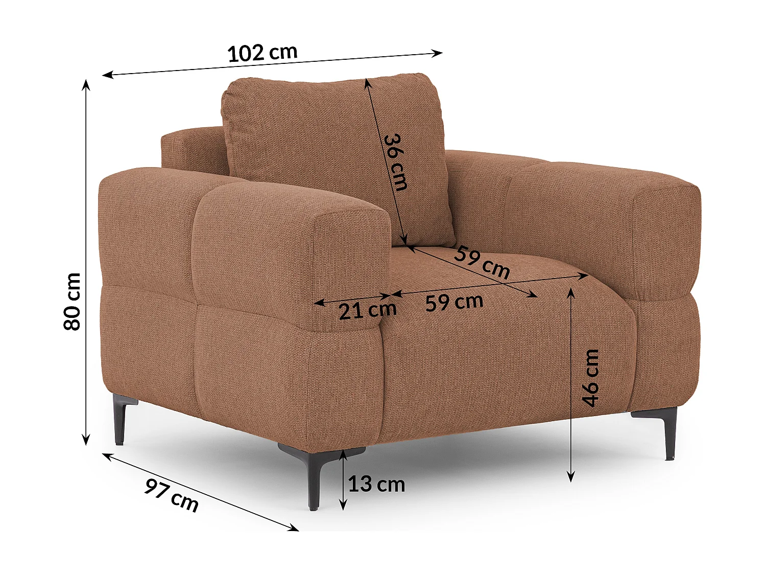 Fauteuil au design bubble en tissu texturé doux de couleur terre cuite, offrant un grand confort d’assise CARDEA