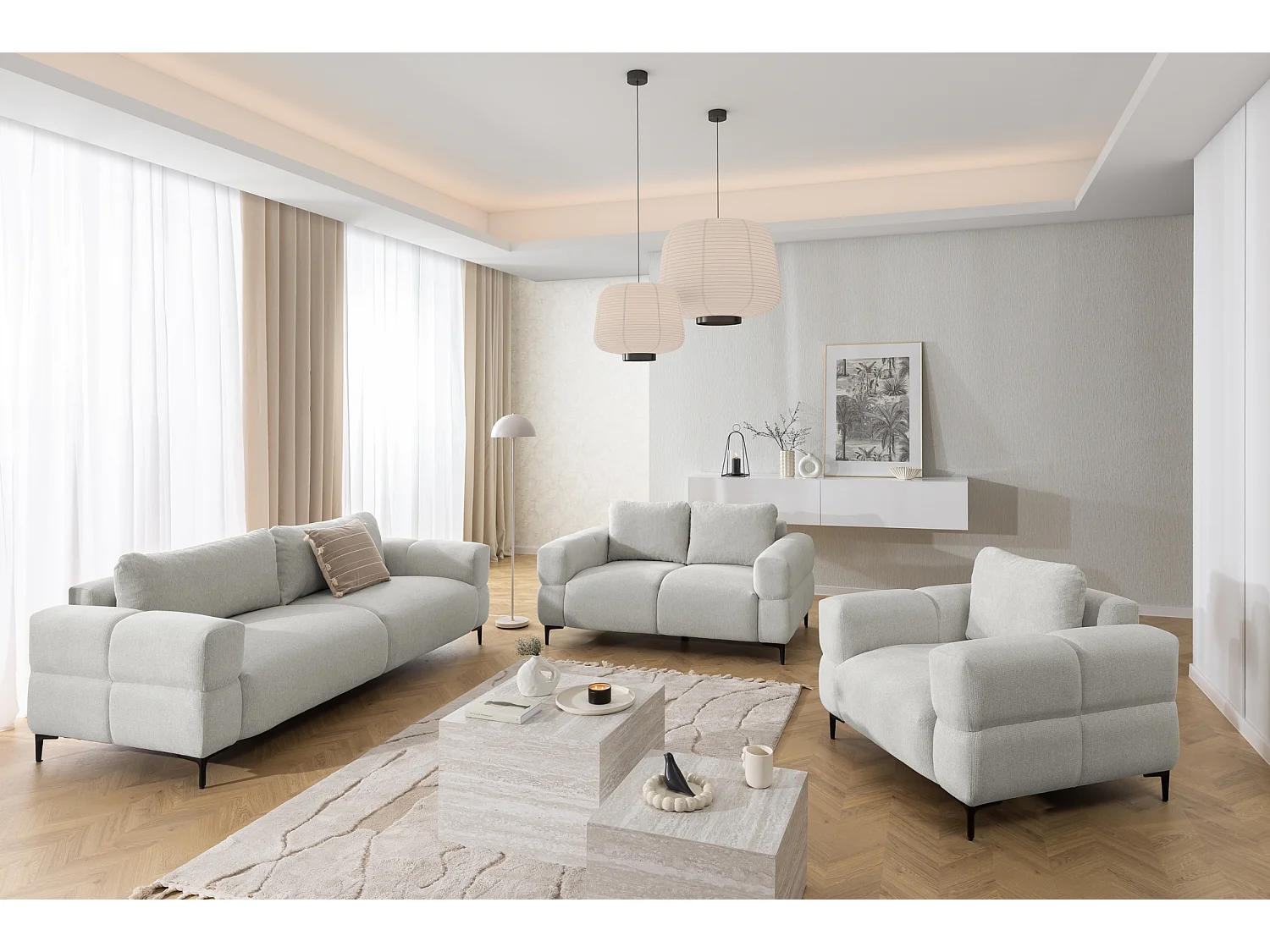 Fauteuil au design bubble en tissu texturé doux de couleur gris clair, offrant un grand confort d’assise CARDEA