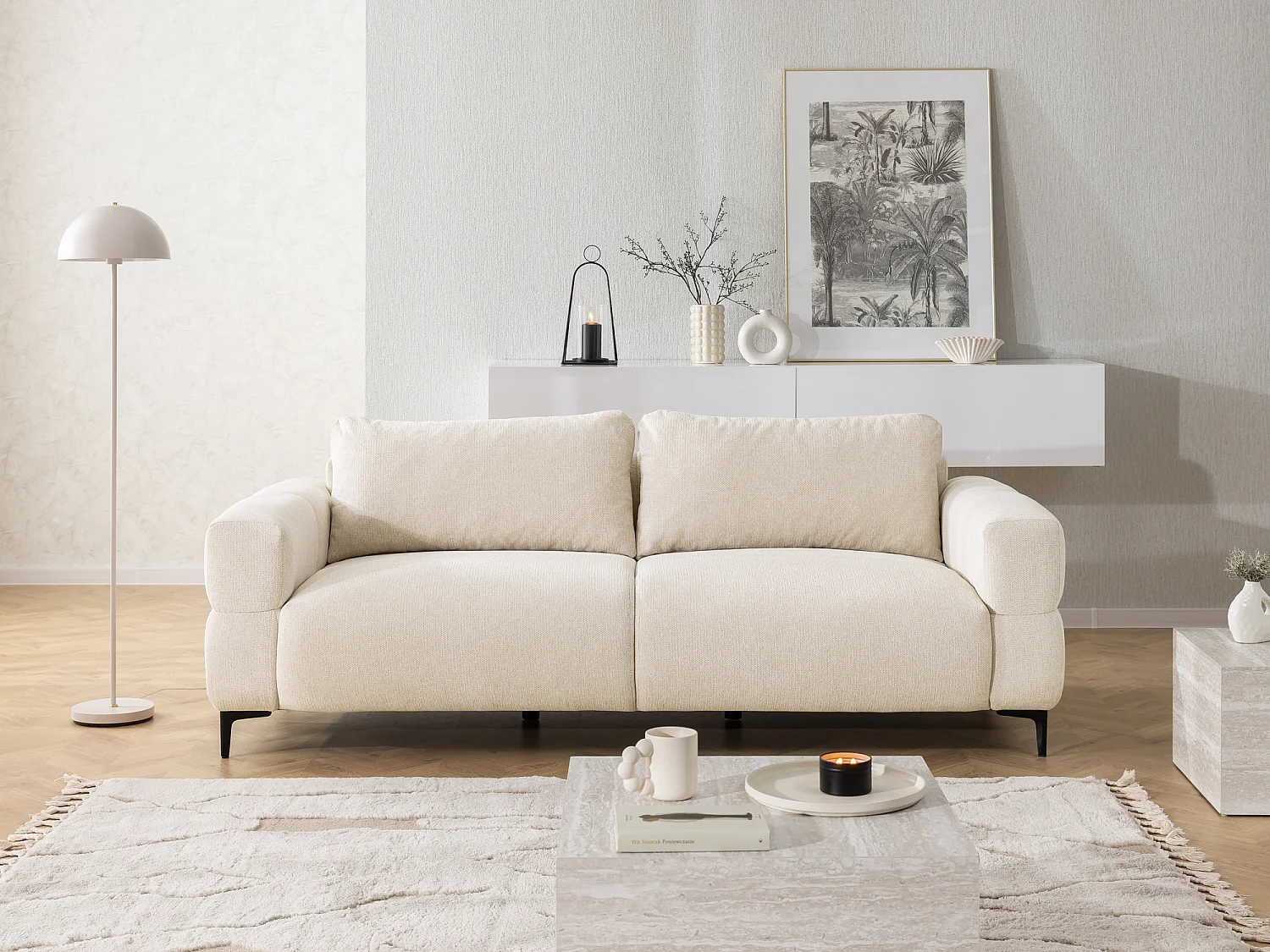 Ensemble de canapés 3+2 (3 places et 2 places) au design bubble en tissu texturé doux de couleur beige clair CARDEA