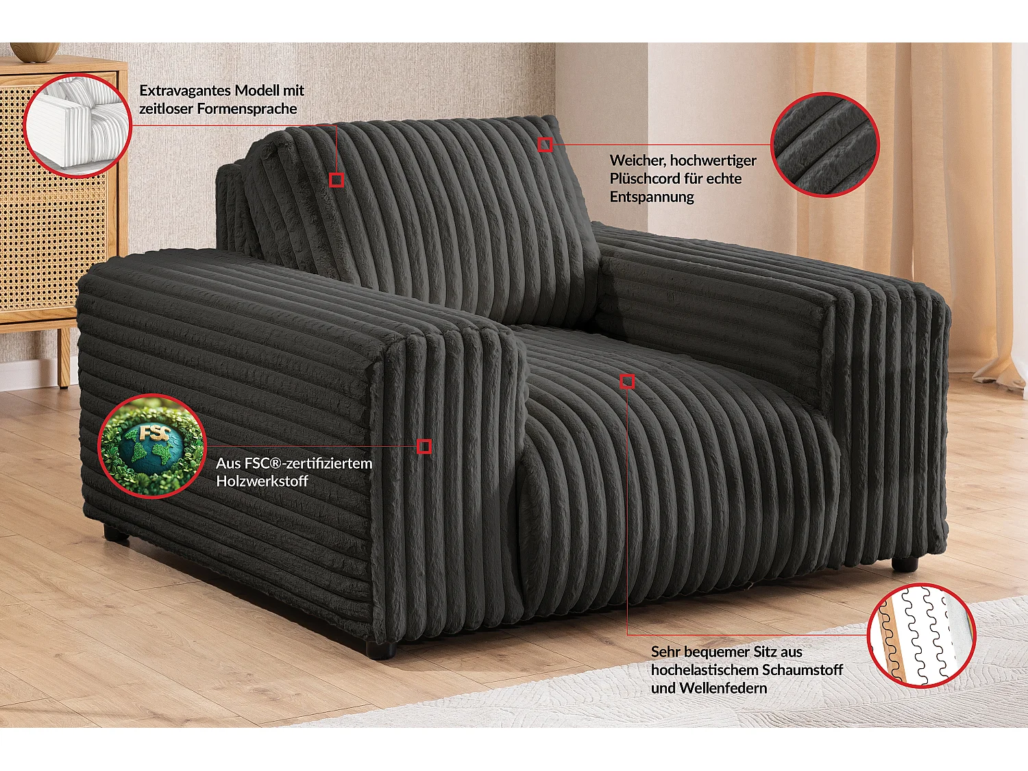 Fauteuil en velours côtelé pelucheux gris foncé offrant un agréable confort d’assise MOLLIS