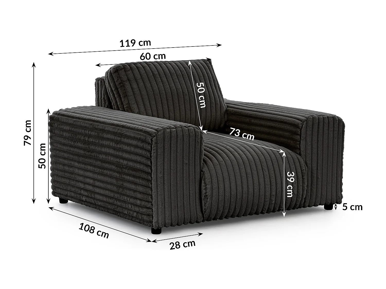 Fauteuil en velours côtelé pelucheux gris foncé offrant un agréable confort d’assise MOLLIS