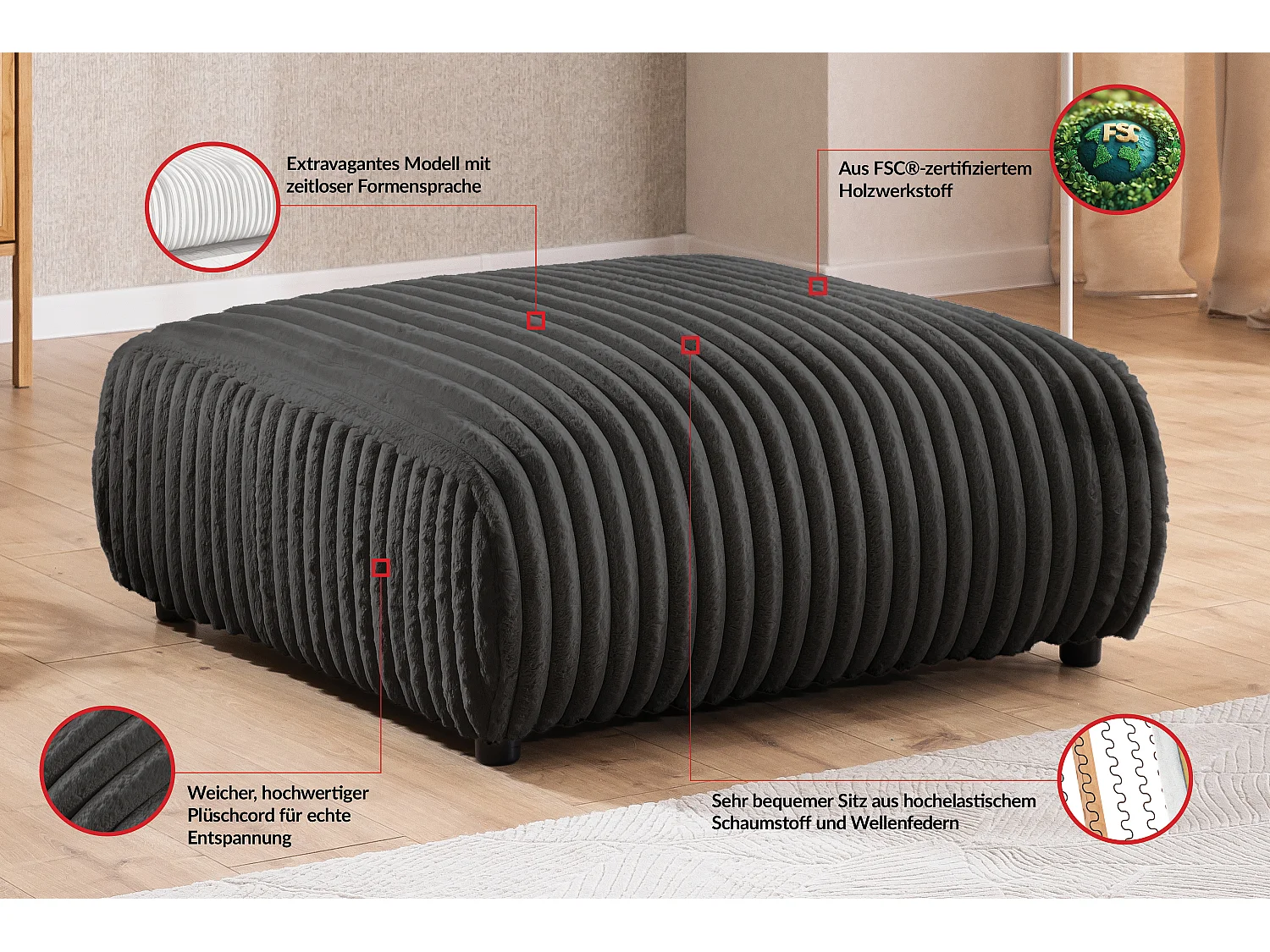 Repose-pieds en velours côtelé pelucheux gris foncé, offrant un agréable confort d’assise MOLLIS