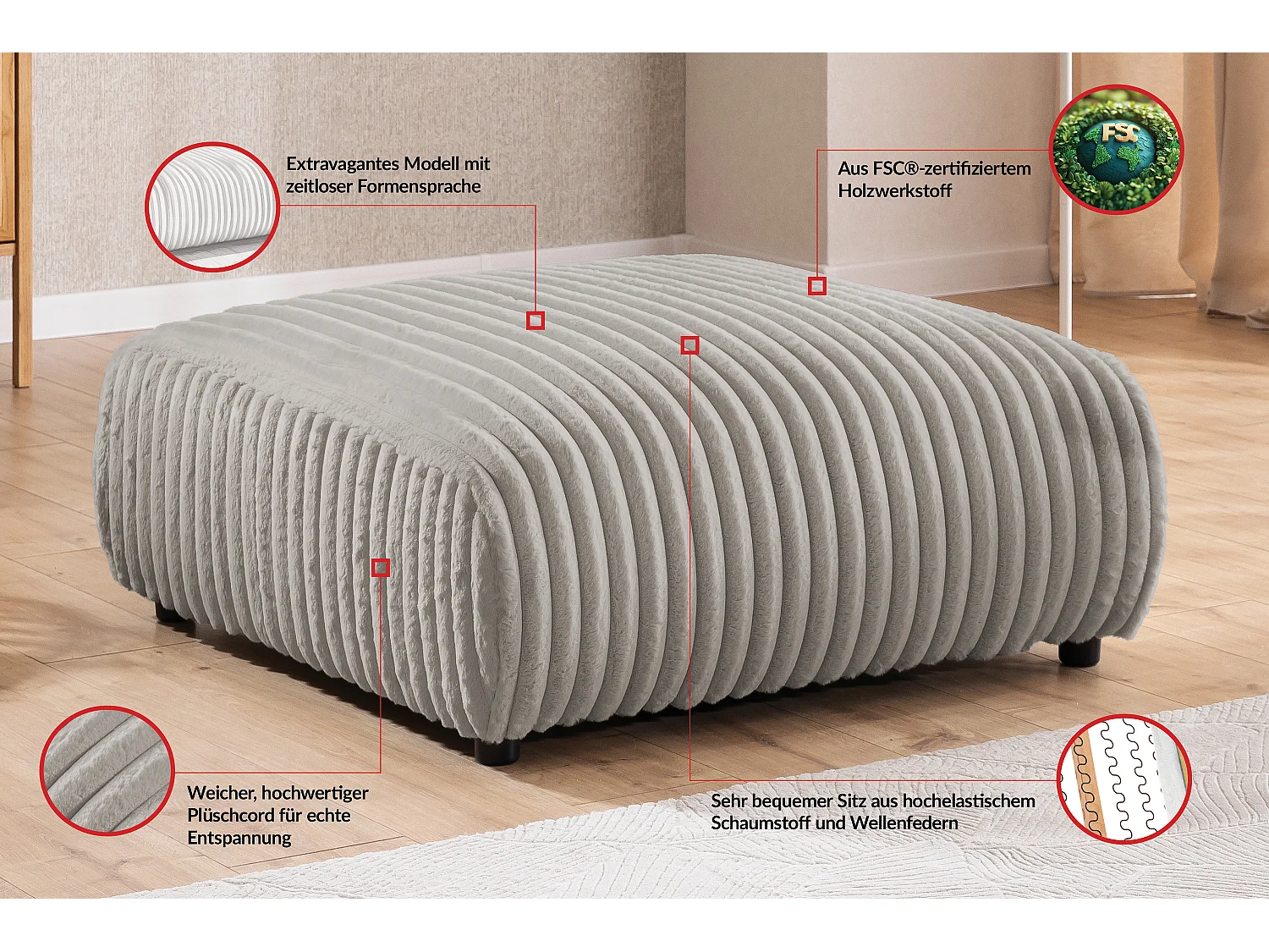 Repose-pieds en velours côtelé pelucheux gris clair, offrant un agréable confort d’assise MOLLIS