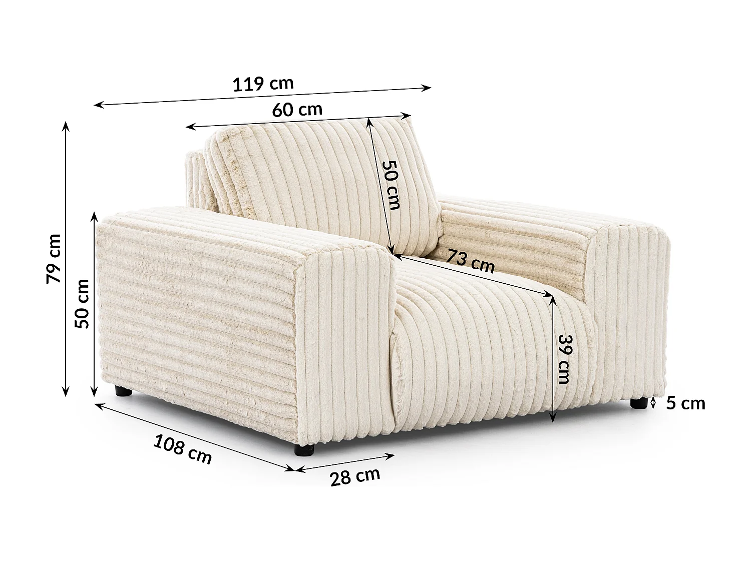 Fauteuil en velours côtelé pelucheux beige clair offrant un agréable confort d’assise MOLLIS