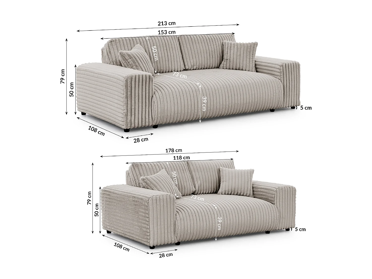 Ensemble de canapés 3+2 (3 places et 2 places ) en velours côtelé pelucheux gris clair MOLLIS