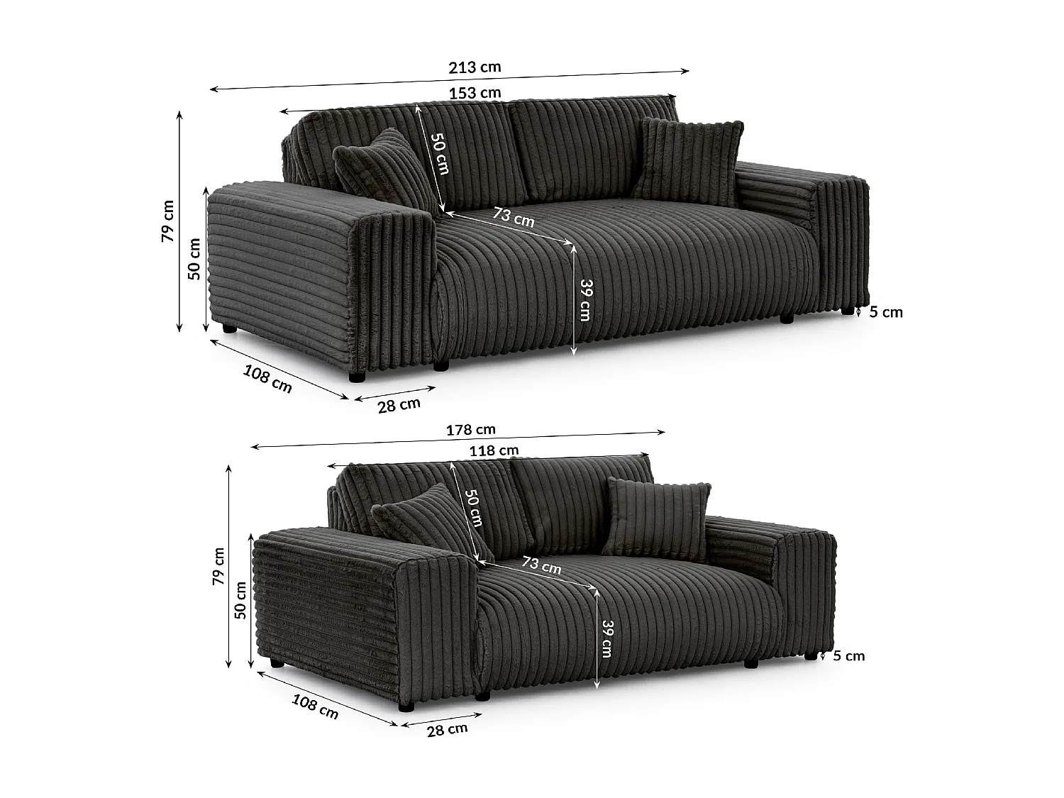 Ensemble de canapés 3+2 (3 places et 2 places ) en velours côtelé pelucheux gris foncé MOLLIS