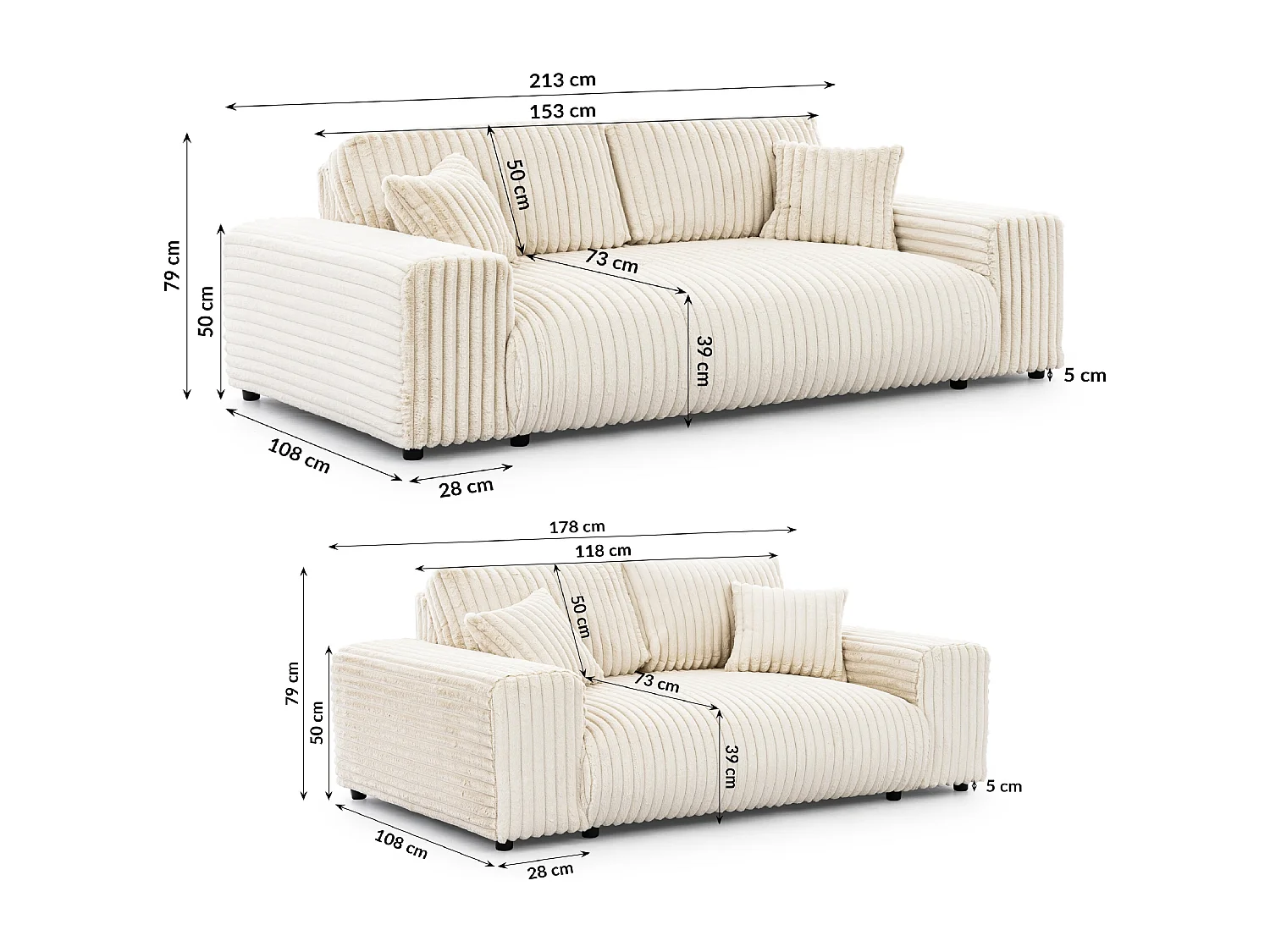 Ensemble de canapés 3+2 (3 places et 2 places ) en velours côtelé pelucheux beige clair MOLLIS