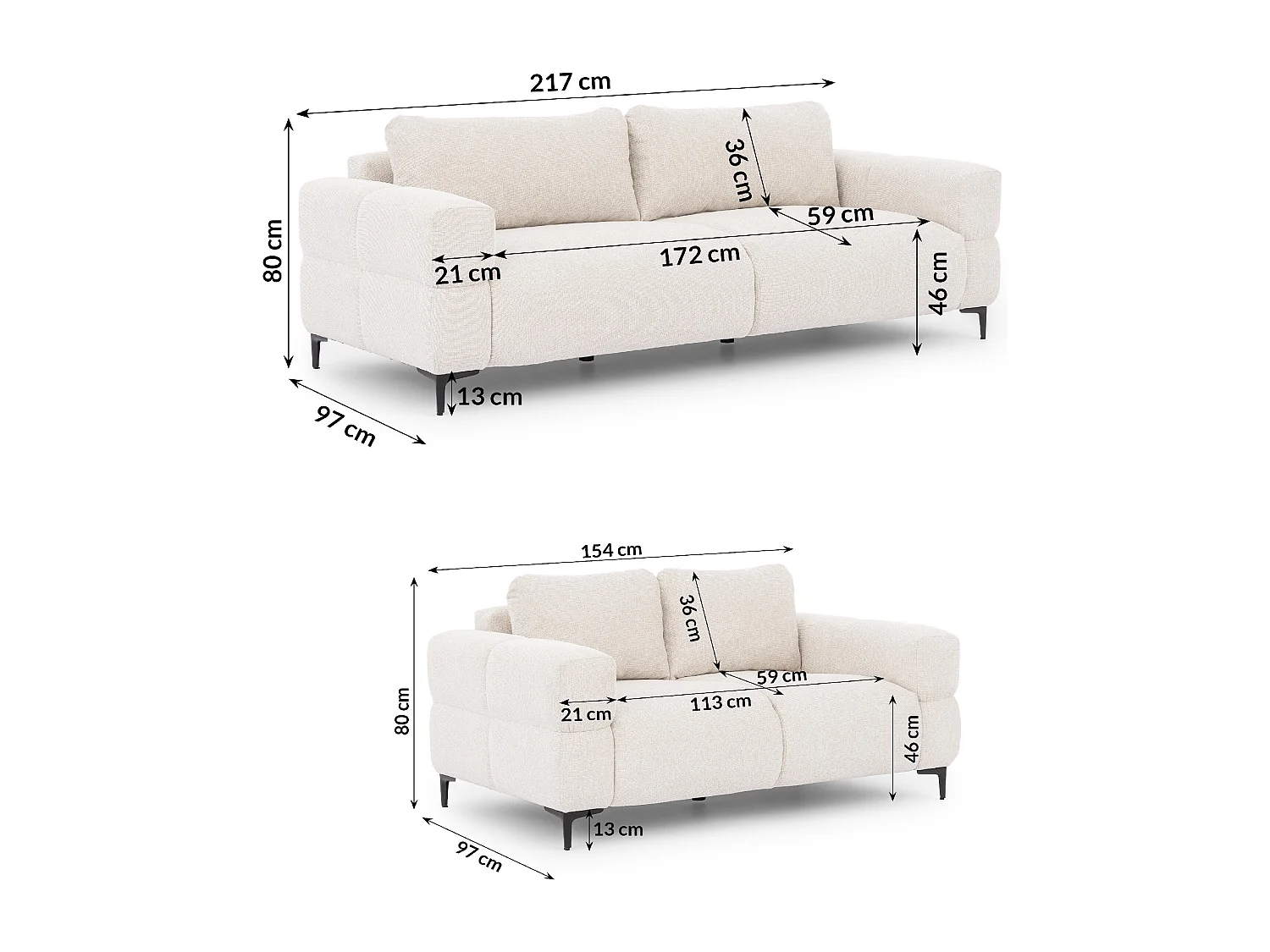 Ensemble de canapés 3+2 (3 places et 2 places) au design bubble en tissu texturé doux de couleur crème CARDEA