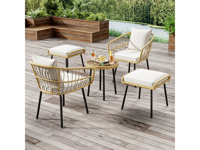 Conjunto de jardim 5 peças metal e rattan - mesa de centro redonda, 2 poltronas e 2 bancos - Branco
