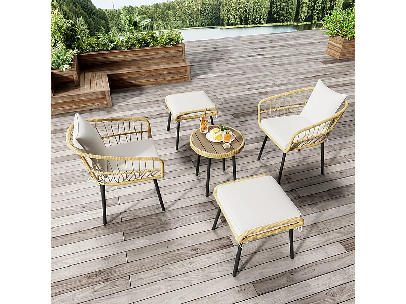 Conjunto de jardim 5 peças metal e rattan - mesa de centro redonda, 2 poltronas e 2 bancos - Branco