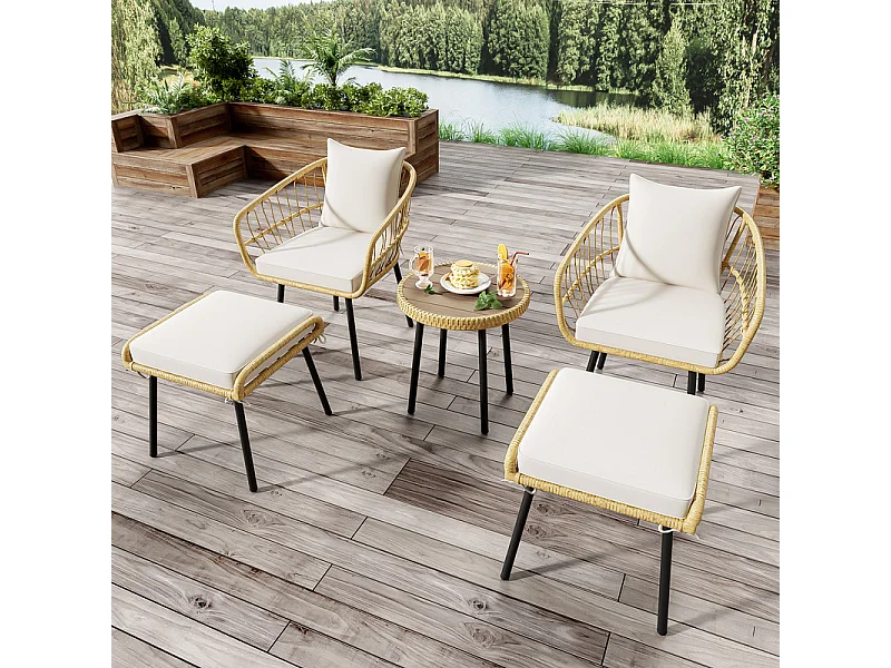 Conjunto de jardim 5 peças metal e rattan - mesa de centro redonda, 2 poltronas e 2 bancos - Branco