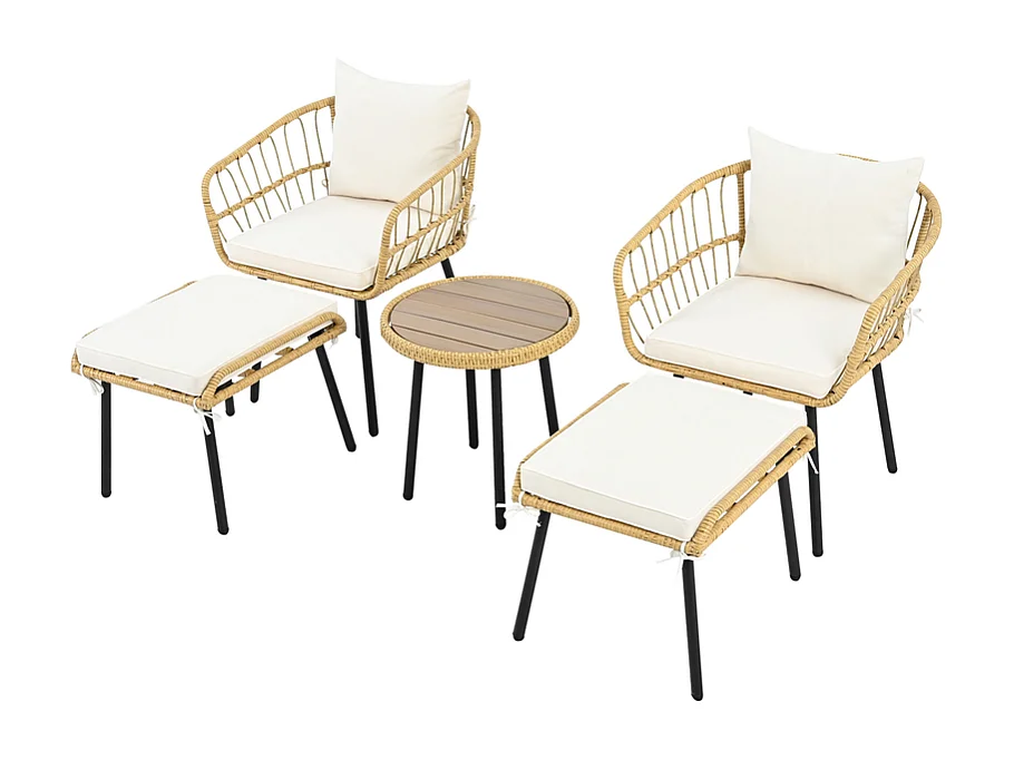 Conjunto de jardim 5 peças metal e rattan - mesa de centro redonda, 2 poltronas e 2 bancos - Branco