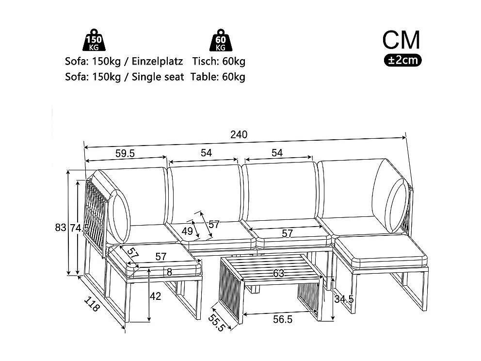 Salon de jardin exterieur, 6 places, avec table basse et coussins, 5 dossiers réglables, Beige