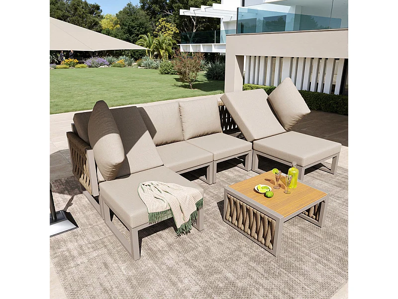 Salon de jardin exterieur, 6 places, avec table basse et coussins, 5 dossiers réglables, Beige