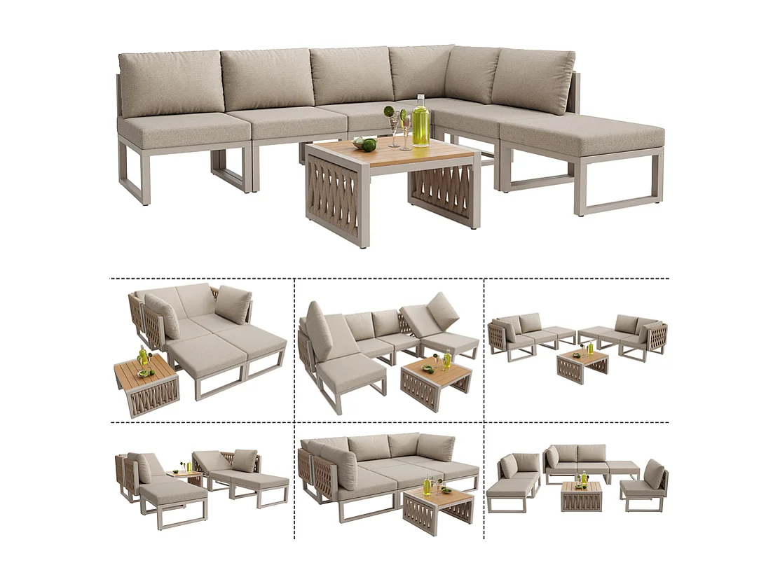 Salon de jardin exterieur, 6 places, avec table basse et coussins, 5 dossiers réglables, Beige