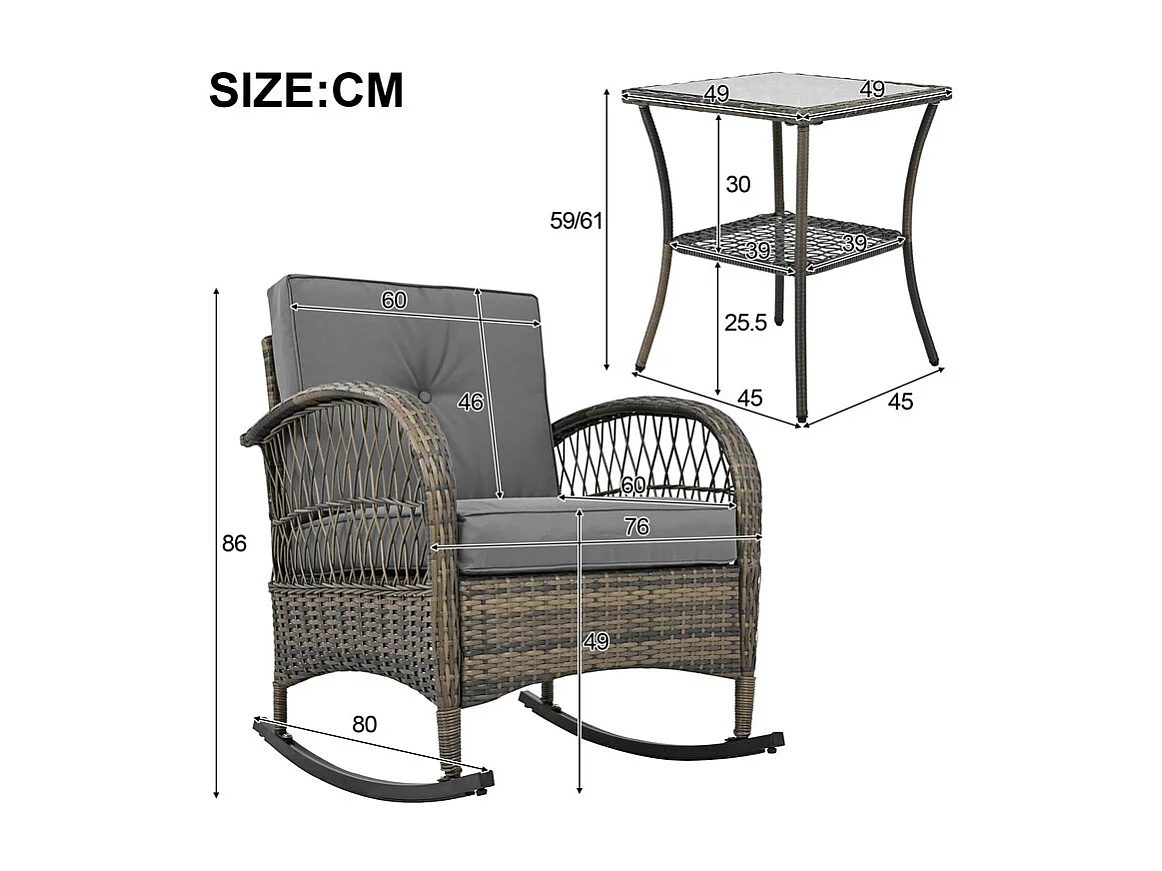 Gartenlounge aus Metall und Rattan: 2 Schaukelstühle + quadratischer Beistelltisch aus gehärtetem Glas, Grau