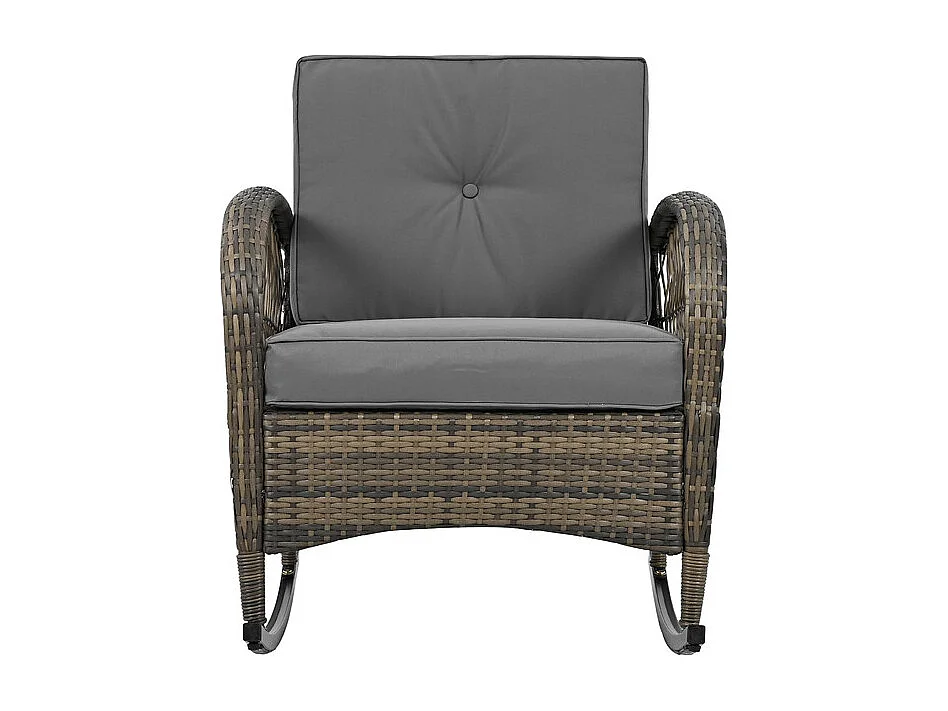 Gartenlounge aus Metall und Rattan: 2 Schaukelstühle + quadratischer Beistelltisch aus gehärtetem Glas, Grau