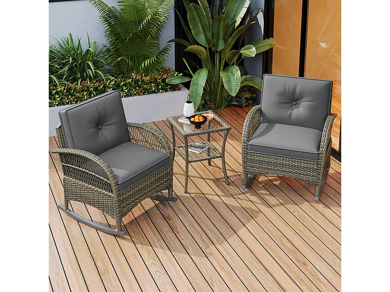 Gartenlounge aus Metall und Rattan: 2 Schaukelstühle + quadratischer Beistelltisch aus gehärtetem Glas, Grau