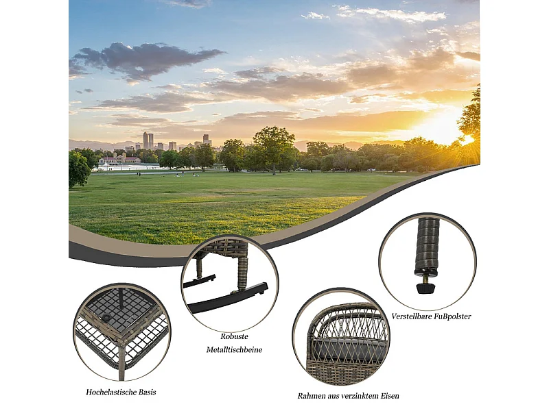 Gartenlounge aus Metall und Rattan: 2 Schaukelstühle + quadratischer Beistelltisch aus gehärtetem Glas, Grau