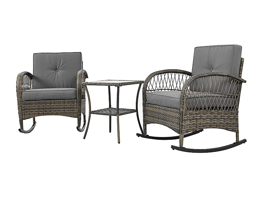 Gartenlounge aus Metall und Rattan: 2 Schaukelstühle + quadratischer Beistelltisch aus gehärtetem Glas, Grau