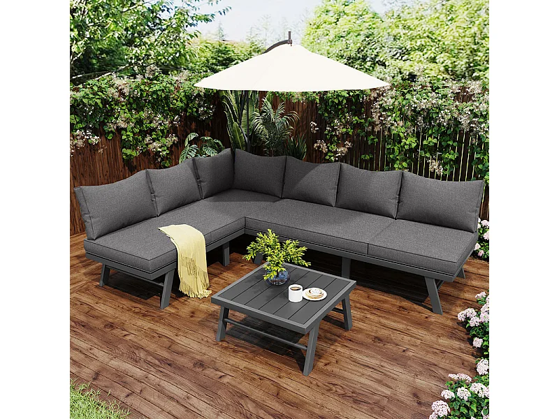 Conjunto de mobiliário de jardim exterior 6 pessoas - com mesa de centro e almofadas grossas 8 cm - Cinzento